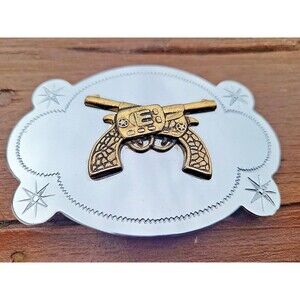 Novelty Cowboy Cowgirl Western Wear Belt Buckle silver color Pistols Retro Vtg